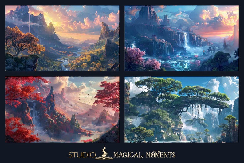 May include: Four digital paintings of fantasy landscapes with waterfalls, mountains, and trees. The paintings are in a grid format with a blue background.