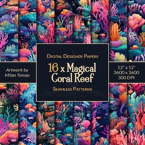 Magical Coral Reef Seamless Patterns Pack | Set of 16 Digital Papers | Scrapbook Paper | Junk Journals | DIY Crafts