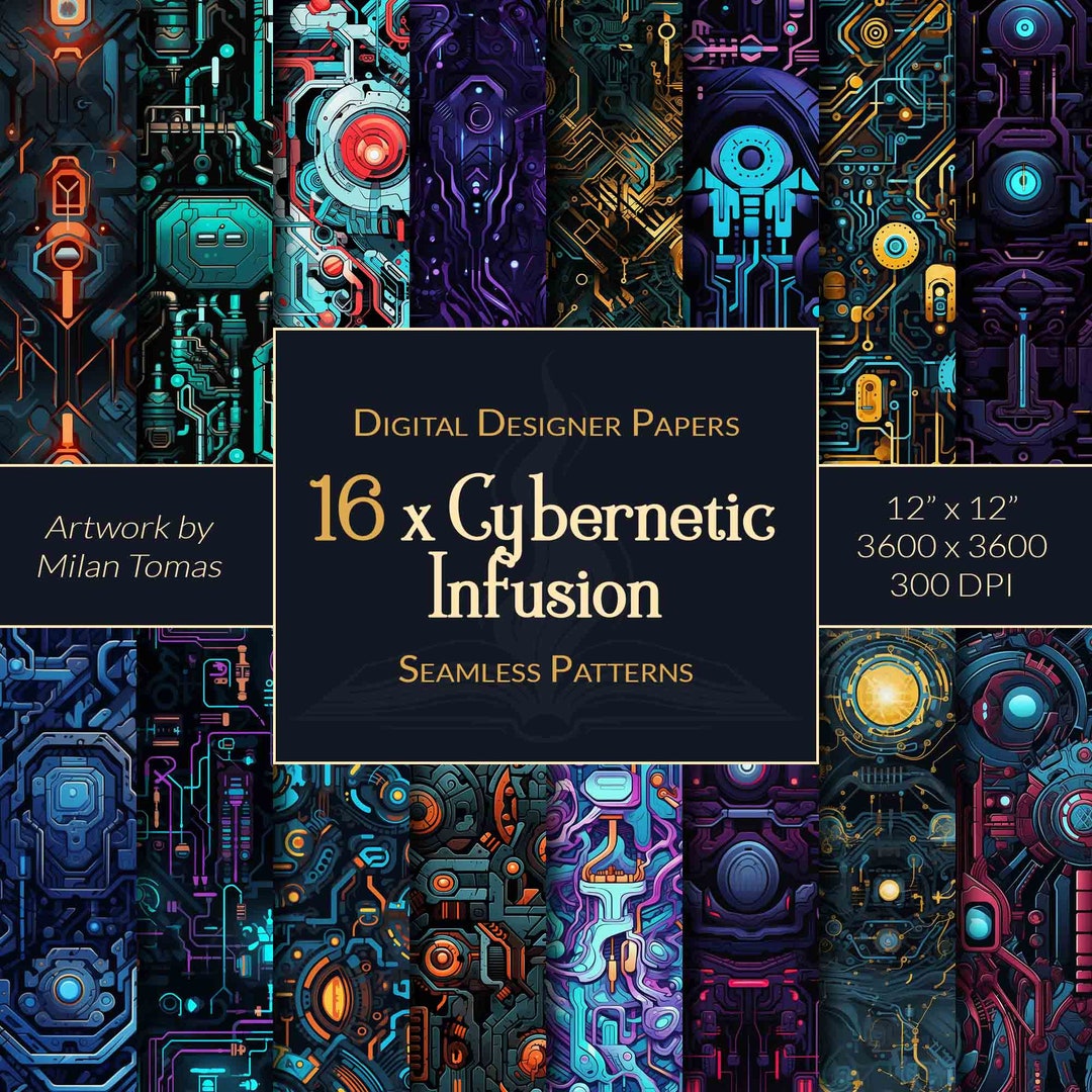 Cybernetic Infusion Seamless Patterns Pack | Set of 16 Digital Papers ...