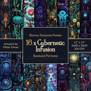Könnte beinhalten: Ein Set mit 16 digitalen nahtlosen Mustern mit Cyberpunk-Thema. Die Muster bestehen aus geometrischen Formen, Linien und Kreisen in Blautönen, Grüntönen, Rottönen und Gelbtönen. Die Muster sind 30,5 cm x 30,5 cm groß und haben 300 DPI.