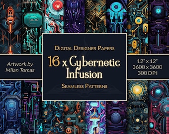 Cybernetic Seamless Patterns: 16 Tech Digital Papers (Digital Download)