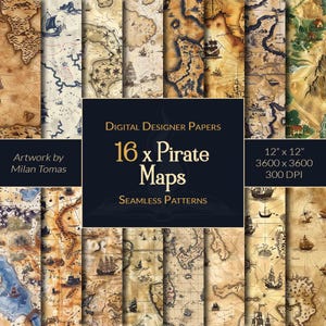 Pack de modèles sans couture de cartes de pirates | Ensemble de 16 papiers numériques | Papier pour scrapbooking | Journaux indésirables | Bricolage