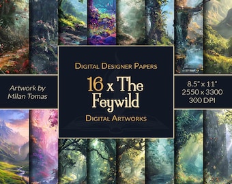 Könnte beinhalten: Eine digitale Kunstsammlung mit 16 fantastischen Waldszenen, die üppiges Grün, glitzernde Bäche und magische Elemente zeigen. Das Kunstwerk trägt den Titel "The Feywild" und ist als digitale Papiere im Format 21,6 x 27,9 cm bei 300 DPI erhältlich.