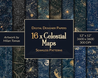 Pode incluir: Um conjunto de 16 papéis digitais para designers com mapas celestes, constelações douradas sobre um fundo azul escuro. Os papéis medem 30,48 cm x 30,48 cm e 300 DPI.