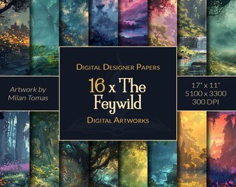 Könnte beinhalten: Ein digitales Papierpaket mit 16 Bildern eines magischen Waldes mit leuchtenden Lichtern, Wasserfällen und Flüssen. Die Bilder sind 17 Zoll mal 11 Zoll groß, haben eine Auflösung von 5100 Pixel mal 3300 Pixel und eine Auflösung von 300 DPI. Artwork von Milan Tomas.