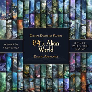 May include: A digital art collection of 64 alien world landscapes. The images are 8.5 inches by 11 inches, 2550 pixels by 3300 pixels, and 300 DPI. Artwork by Milan Tomas.
