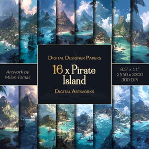 Paquete de ilustraciones digitales de la Isla Pirata / Juego de 16 papeles digitales / Papel para álbumes de recortes / Diarios basura / Manualidades DIY