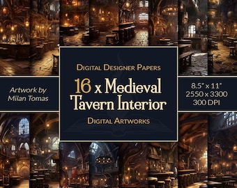 Medieval Fantasy Tavern Interior Digital Artworks Pack | Set of 16 Digital Papers | Scrapbook Paper | Junk Journals | DIY Crafts