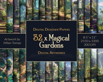 Magical Gardens Digital Paper Pack: Fantasy Art, Scrapbook, Junk Journal (Digital Download)