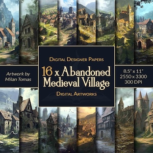Paquete de ilustraciones digitales de un pueblo medieval abandonado / Juego de 16 papeles digitales / Papel para álbumes de recortes / Diarios basura / Manualidades DIY