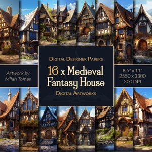 Paquete de obras de arte digitales de Medieval Fantasy House / Juego de 16 papeles digitales / Papel para álbumes de recortes / Diarios basura / Manualidades DIY