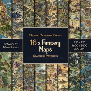 Fantasy Maps Seamless Patterns Pack | Set von 16 Digitalen Papiere | Scrapbook Papier | Junk Journals | DIY Kunsthandwerk