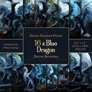 Blauer Drache Digital Artworks Pack | Set von 16 Digitalen Papiere | Scrapbook Papier | Junk Journals | Basteln