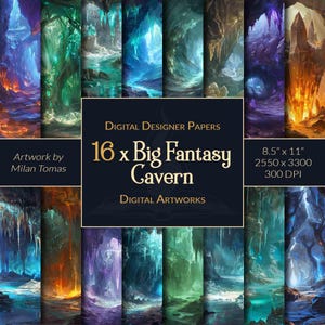 Pakket met digitale kunstwerken Big Fantasy Cavern | Set van 16 digitale papieren | Plakboekpapier | Ongewenste tijdschriften | DIY-knutsels