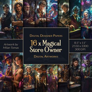 May include: A digital paper pack featuring 16 illustrations of magical store owners. The illustrations are in a fantasy style and feature characters with various magical items and accessories. The text "16 x Magical Store Owner" is displayed in the centre of the image.