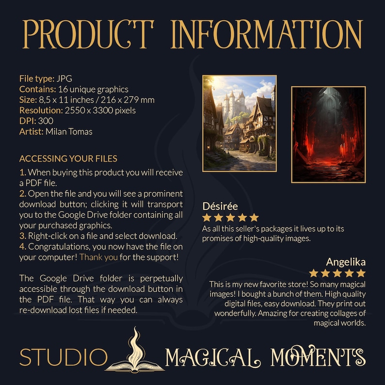 May include: Product information for a digital download of 16 unique fantasy-themed graphics. The graphics are 8.5 x 11 inches or 216 x 279 mm and have a resolution of 2550 x 3300 pixels. The graphics are available in JPG format and are 300 DPI. The artist is Milan Tomas. The product description includes information about accessing the files and customer reviews.