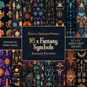 Pacchetto di modelli senza giunture con simboli fantasy / Set di 16 documenti digitali / Carta per album / Diari spazzatura / Artigianato fai-da-te