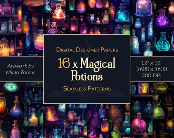 Magical Potions Seamless Patterns Pack | Set of 16 Digital Papers | Scrapbook Paper | Junk Journals | DIY Crafts