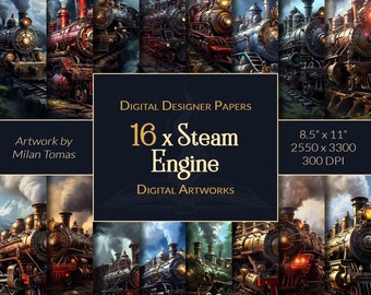 Steam Engine Artworks: 16 Vintage Train Digital Papers (Digital Download)