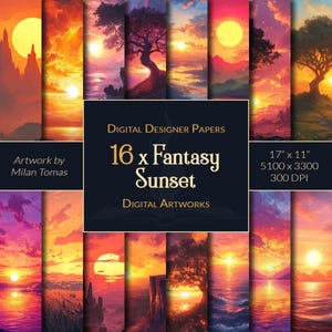 Pacchetto di opere d'arte digitali "Tramonto fantasy" / Set di 16 carte digitali / Carta per scrapbooking / Diari spazzatura / Artigianato fai da te