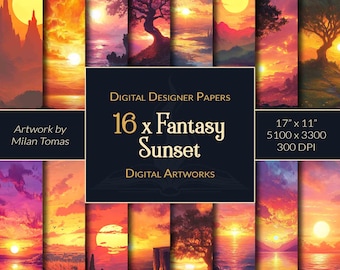 Paquete de papel digital "Atardecer de fantasía": Álbum de recortes y diario basura (descarga digital)