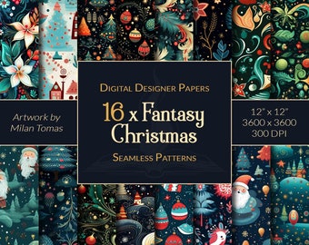 Fantasy Christmas Seamless Patterns Pack | Set of 16 Digital Papers | Scrapbook Paper | Junk Journals | DIY Crafts