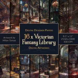 Pacchetto di opere d'arte digitali della Victorian Fantasy Library / Set di 16 carte digitali / Carta per scrapbooking / Diari spazzatura / Artigianato fai da te