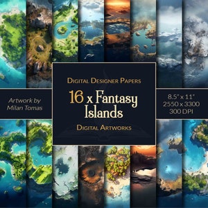 Pakket digitale kunstwerken Fantasy-eilanden | Set van 16 digitale papieren | Plakboekpapier | Ongewenste tijdschriften | DIY-knutsels
