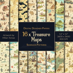 Pack de modèles sans couture de cartes au trésor | Ensemble de 16 papiers numériques | Papier pour scrapbooking | Journaux indésirables | Bricolage
