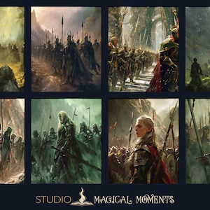 May include: A digital painting of an army of elves marching through a forest. The elves are wearing green and brown armor and carrying spears. The forest is lush and green, with tall trees and a winding path.