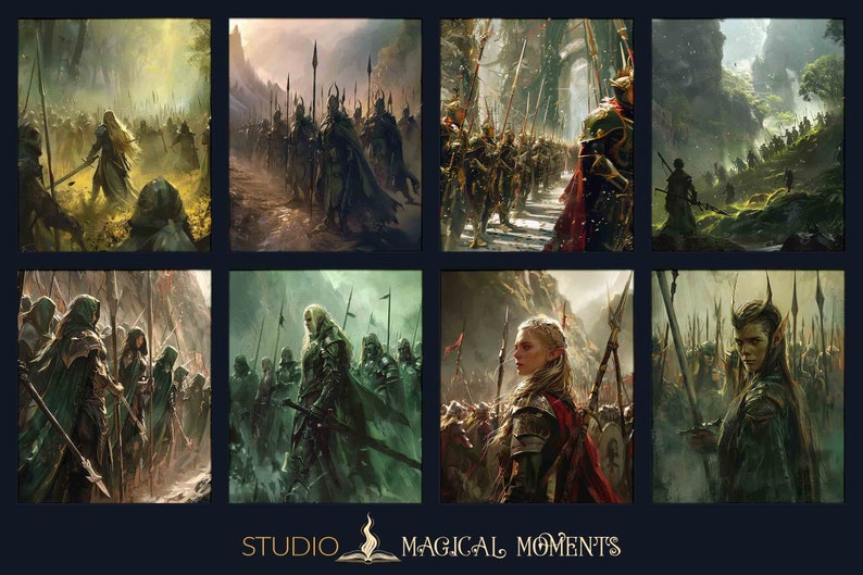 May include: A digital painting of an army of elves marching through a forest. The elves are wearing green and brown armor and carrying spears. The forest is lush and green, with tall trees and a winding path.