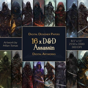 Pacote de Arte Digital Assassino D&D | Conjunto com 16 Papéis Digitais | Papel para Scrapbook | Diários de Sucata | Artesanato DIY