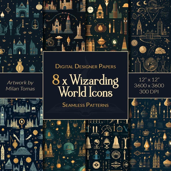 Wizarding World Icons Seamless Patterns Pack | Set of 8 Digital Papers | Scrapbook Paper | Junk Journals | DIY Crafts