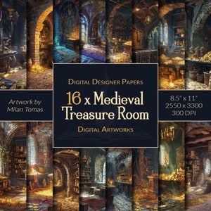 Pacchetto di opere d'arte digitali Medieval Treasure Room / Set di 16 carte digitali / Carta per scrapbooking / Diari di scarto / Artigianato fai da te