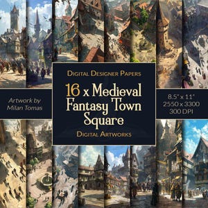 Pacchetto di opere d'arte digitali di Medieval Fantasy Town Square / Set di 16 carte digitali / Carta per scrapbooking / Diari spazzatura / Artigianato fai da te