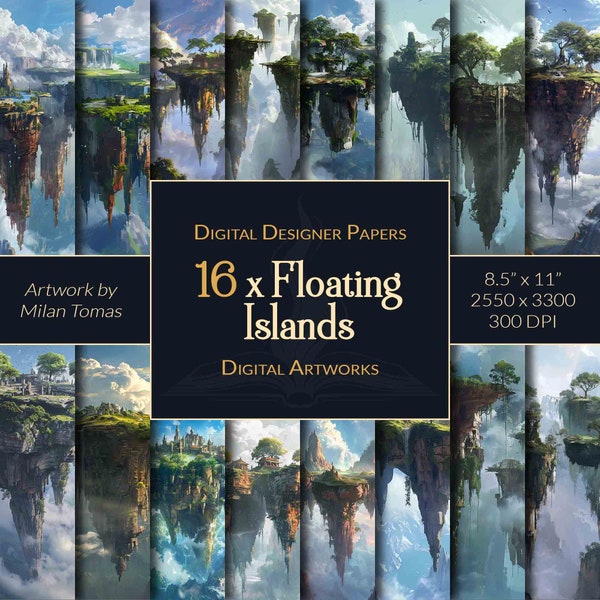 Floating Islands Digital Artworks Pack | Set of 16 Digital Papers | Scrapbook Paper | Junk Journals | DIY Crafts