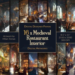Medieval Restaurant Interior Digital Artworks Pack | Set of 16 Digital Papers | Scrapbook Paper | Junk Journals | DIY Crafts