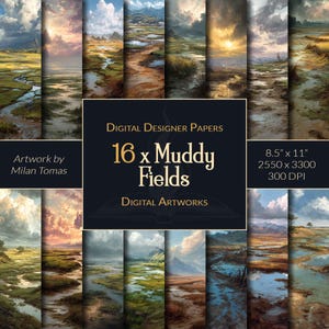 May include: A collection of 16 digital designer papers featuring landscape paintings of muddy fields. The artwork includes images of cloudy skies, water, and fields. The papers are 8.5" x 11" in size and 2550 x 3300 pixels at 300 DPI. The artwork is by Milan Tomas.
