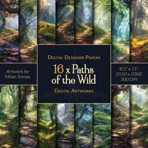 May include: A digital paper pack featuring 16 images of paths through a lush green forest. The images are 8.5 inches by 11 inches and 300 DPI. The text "16 x Paths of the Wild" is displayed in a black box with white text.