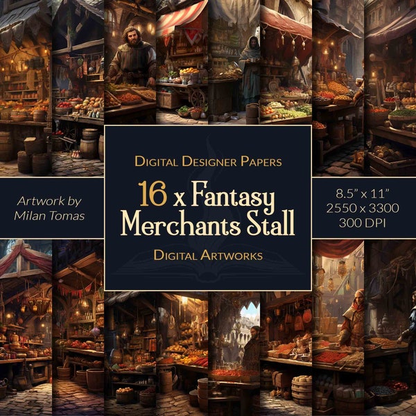 Medieval Fantasy Merchant's Stall Digital Artworks Pack | Set of 16 Digital Papers | Scrapbook Paper | Junk Journals | DIY Crafts