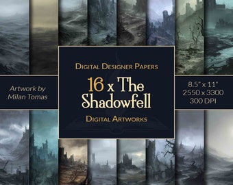 Könnte beinhalten: Ein digitales Papierpaket mit 16 Designs, die eine dunkle, stimmungsvolle und atmosphärische Landschaft mit einer Ruine und einem nebligen, vernebelten Himmel zeigen. Der Text "16 x The Shadowfell" befindet sich in der Mitte des Bildes. Der Text "Digital Designer Papers" und "Digital Artworks" ist ebenfalls im Bild enthalten. Das Bild ist 8,5 Zoll mal 11 Zoll groß und hat 300 DPI.