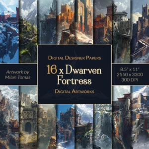 May include: A collection of 16 digital designer papers featuring illustrations of dwarven fortresses. The artwork, by Milan Tomas, showcases detailed fantasy landscapes with castles, mountains, and waterfalls. The papers are 8.5" x 11" at 300 DPI.