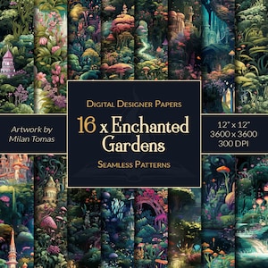 Puede incluir: Una descarga digital de 16 patrones sin costuras que presentan jardines encantados con castillos caprichosos, hongos brillantes y exuberante vegetación. Los patrones son de 30,48 cm por 30,48 cm, 3600 píxeles por 3600 píxeles y 300 DPI.