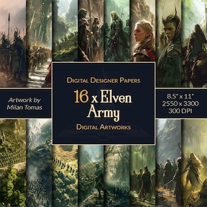 May include: A digital paper pack featuring 16 images of an elven army in a forest setting. The images are 8.5 inches by 11 inches and 300 DPI. The artwork is by Milan Tomas.