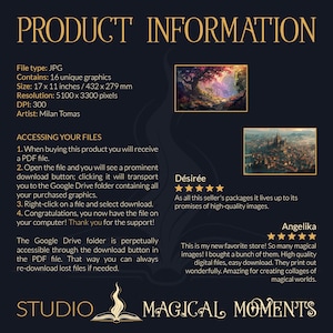 May include: A digital download product listing for 16 unique graphics, featuring a whimsical forest scene and a cityscape. The listing includes information about the file type, size, resolution, and artist. The text "Studio Magical Moments" is displayed at the bottom of the image.