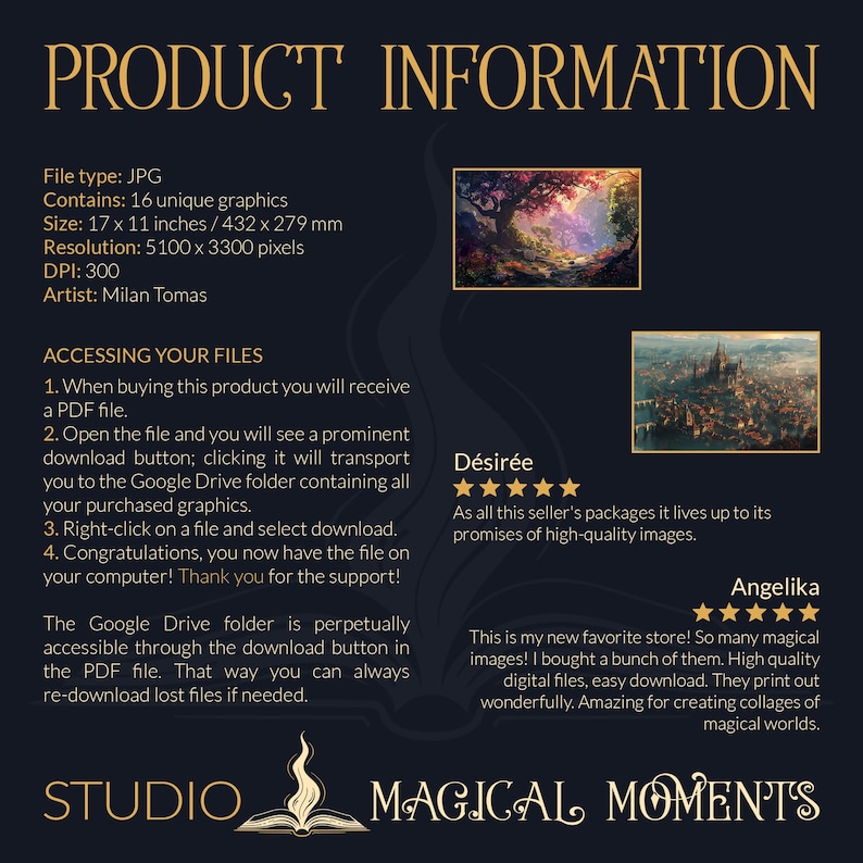 May include: A digital download product listing for 16 unique graphics, featuring a whimsical forest scene and a cityscape. The listing includes information about the file type, size, resolution, and artist. The text "Studio Magical Moments" is displayed at the bottom of the image.