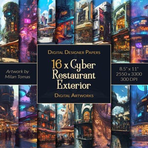 Pakket met digitale kunstwerken buitenkant cyberrestaurant | Set van 16 digitale papieren | Plakboekpapier | Ongewenste tijdschriften | DIY-knutsels