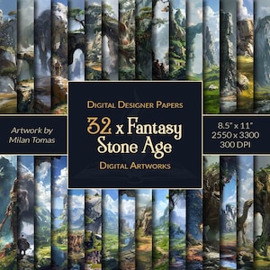 Pacchetto di opere d'arte digitali fantasy dell'età della pietra / Set di 32 carte digitali / Carta per scrapbooking / Diari spazzatura / Artigianato fai da te