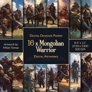 Paquete de ilustraciones digitales de guerreros mongoles / Juego de 16 papeles digitales / Papel para álbumes de recortes / Diarios basura / Manualidades DIY