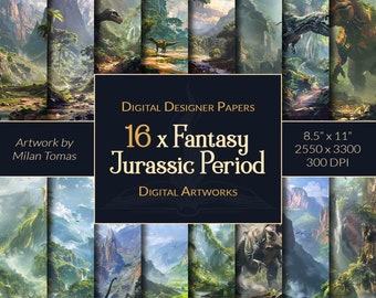 Fantasy Jurassic Period Digital Artworks Pack | Set of 16 Digital Papers | Scrapbook Paper | Junk Journals | DIY Crafts